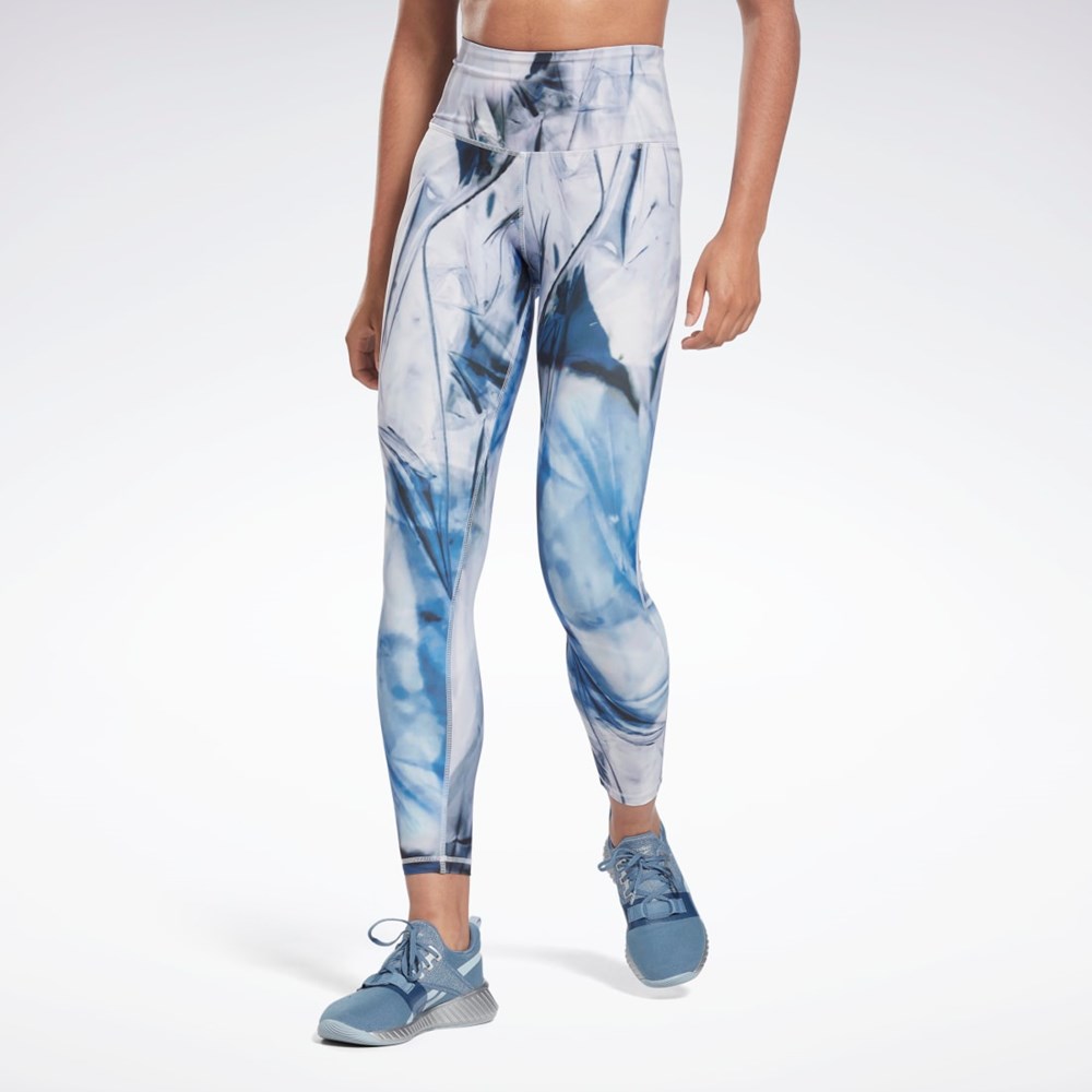 Essential Blue Reebok Lux Bold High-Waisted Liquid Abyss Print Tights | H51857