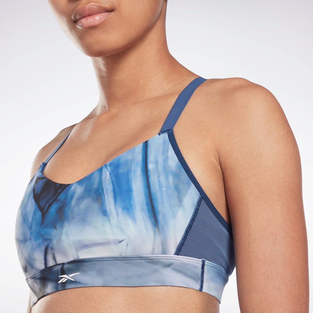 Essential Blue Reebok Lux Strappy Liquid Abyss Print Sports Bra | H51860