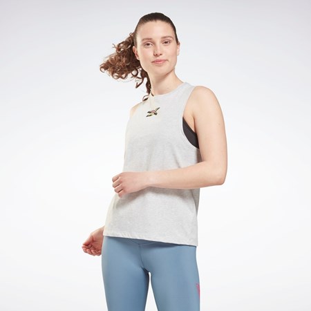 Light Grey Heather Reebok Training Essentials Muscle Graphic Tank Top | GU8353